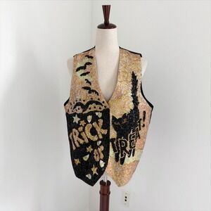 VTG Halloween Vest One Size Orange Black Sequins Black Cat Trick or Treat 90s